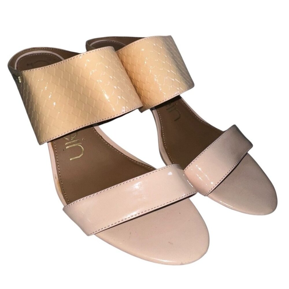 Calvin Klein Cecily Python Patent Open Toe Heel Shoe Desert Sand Sz 9.5